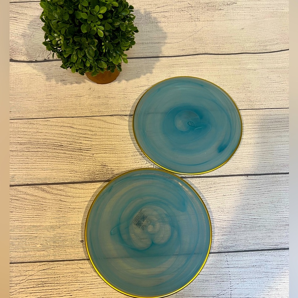 Cost Plus World Market Alabaster Blue and Gold Rim Dessert Plates - Set of 2
